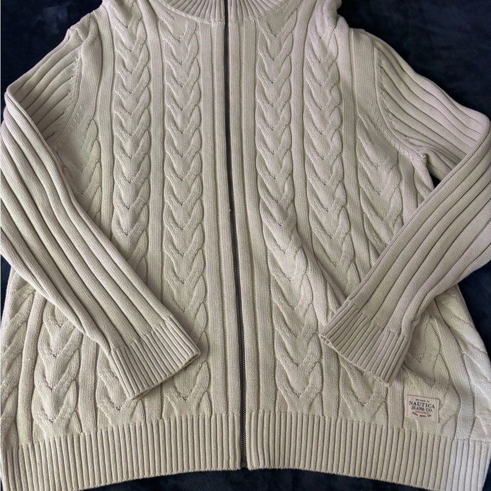 Nautica Men's Beige Zip-Up Cable Knit Sweater